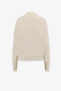 Cream-colored knit cardigan with collar and ribbed cuffs in the style of the 73 women’s turleneck wool sweater white