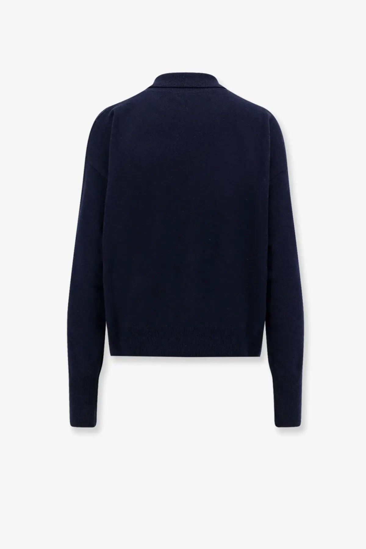 Navy blue knit cardigan with classic collar and long sleeves in wool ideal for women’s turtleneck sweater style