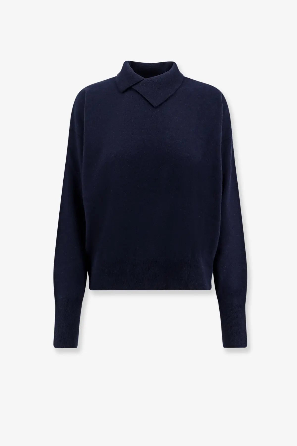 A navy blue wool knit sweater for women with a classic collar and ribbed cuffs, the 73 turtleneck style