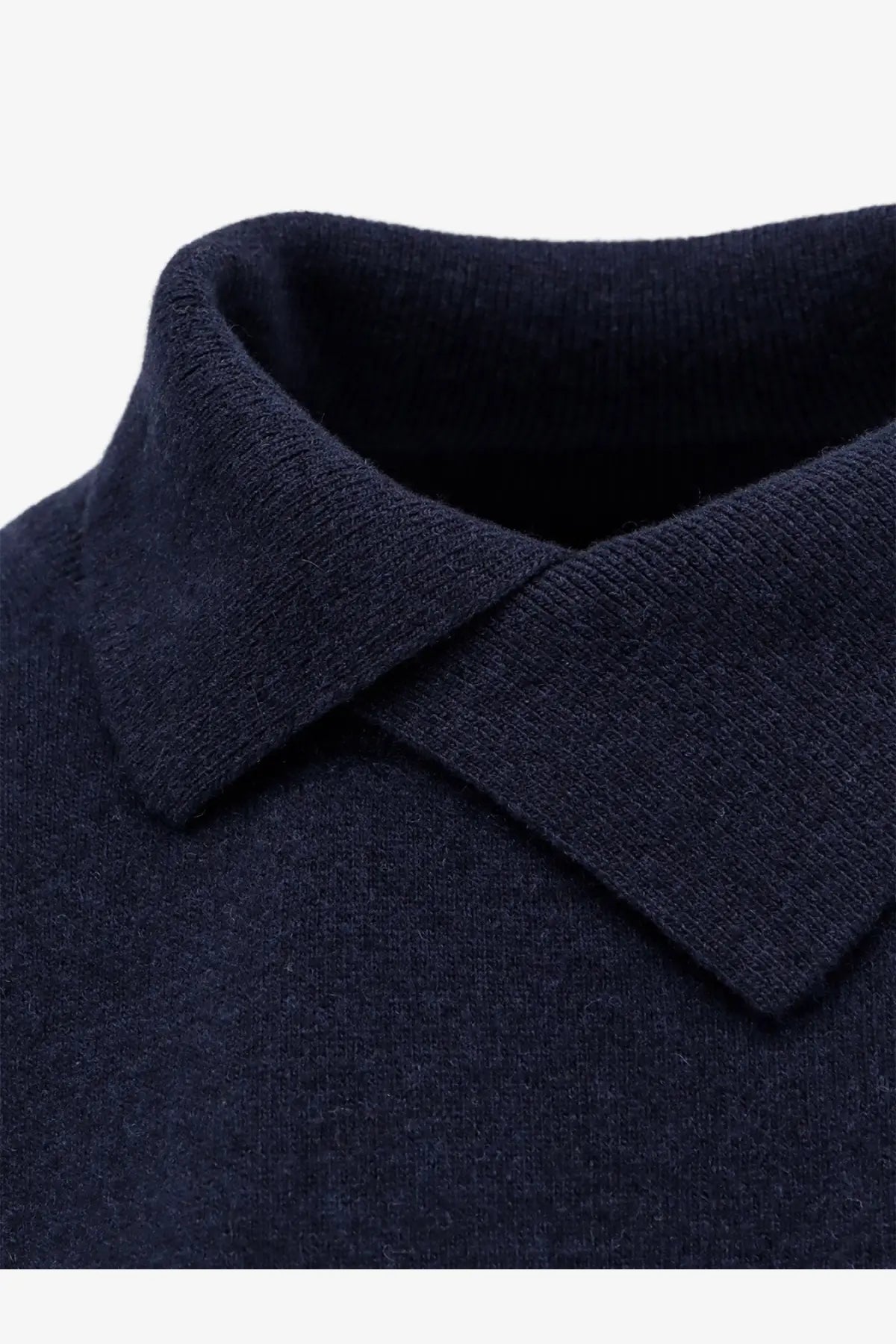 Navy blue knit polo collar detail on the 73 women’s turtleneck wool sweater blue showing texture and fit