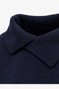 Navy blue knit polo collar detail on the 73 women’s turtleneck wool sweater blue showing texture and fit