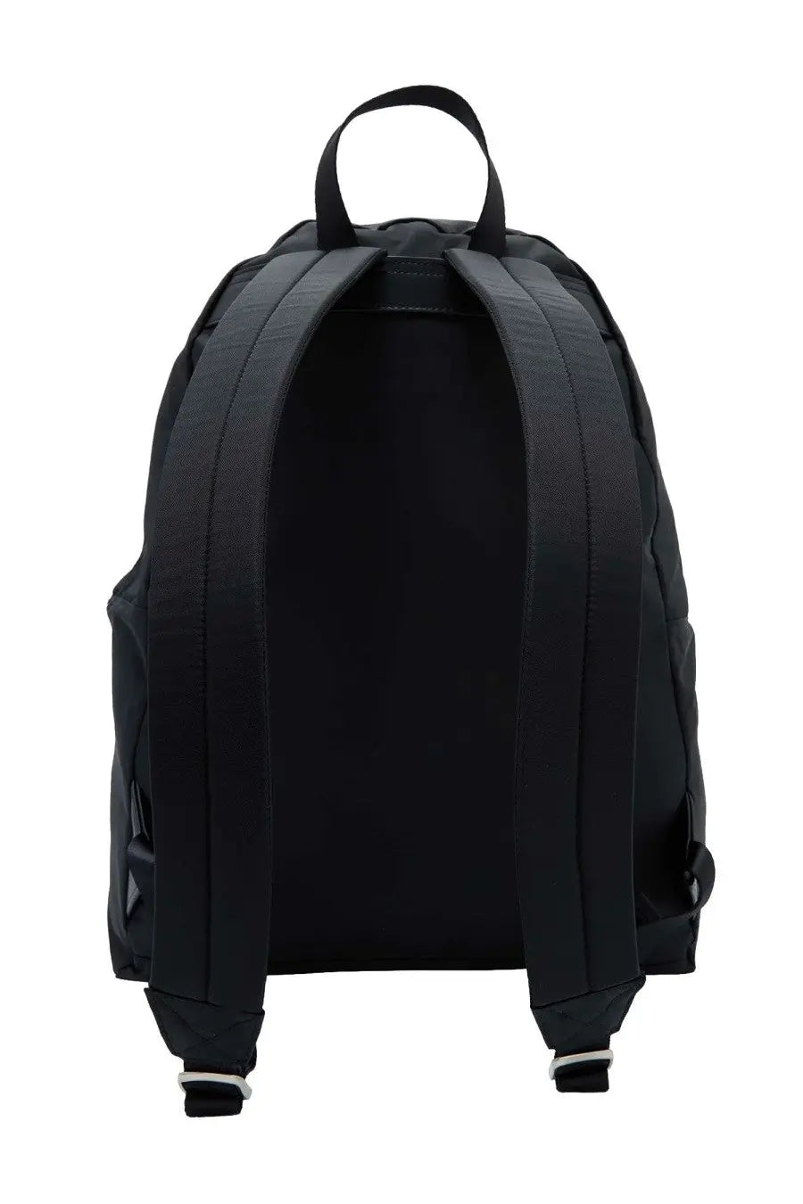 A.P.C men’s backpack black nylon with padded shoulder straps and top handle shown from the back side