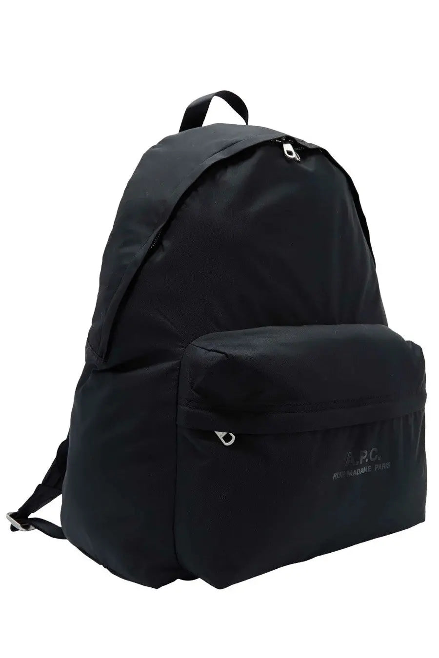A.p.c men’s backpack black nylon with front pocket and silver zippers for everyday use