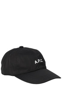 Black a.p.c men’s baseball hat in black featuring adjustable back strap and minimalist design in cotton material