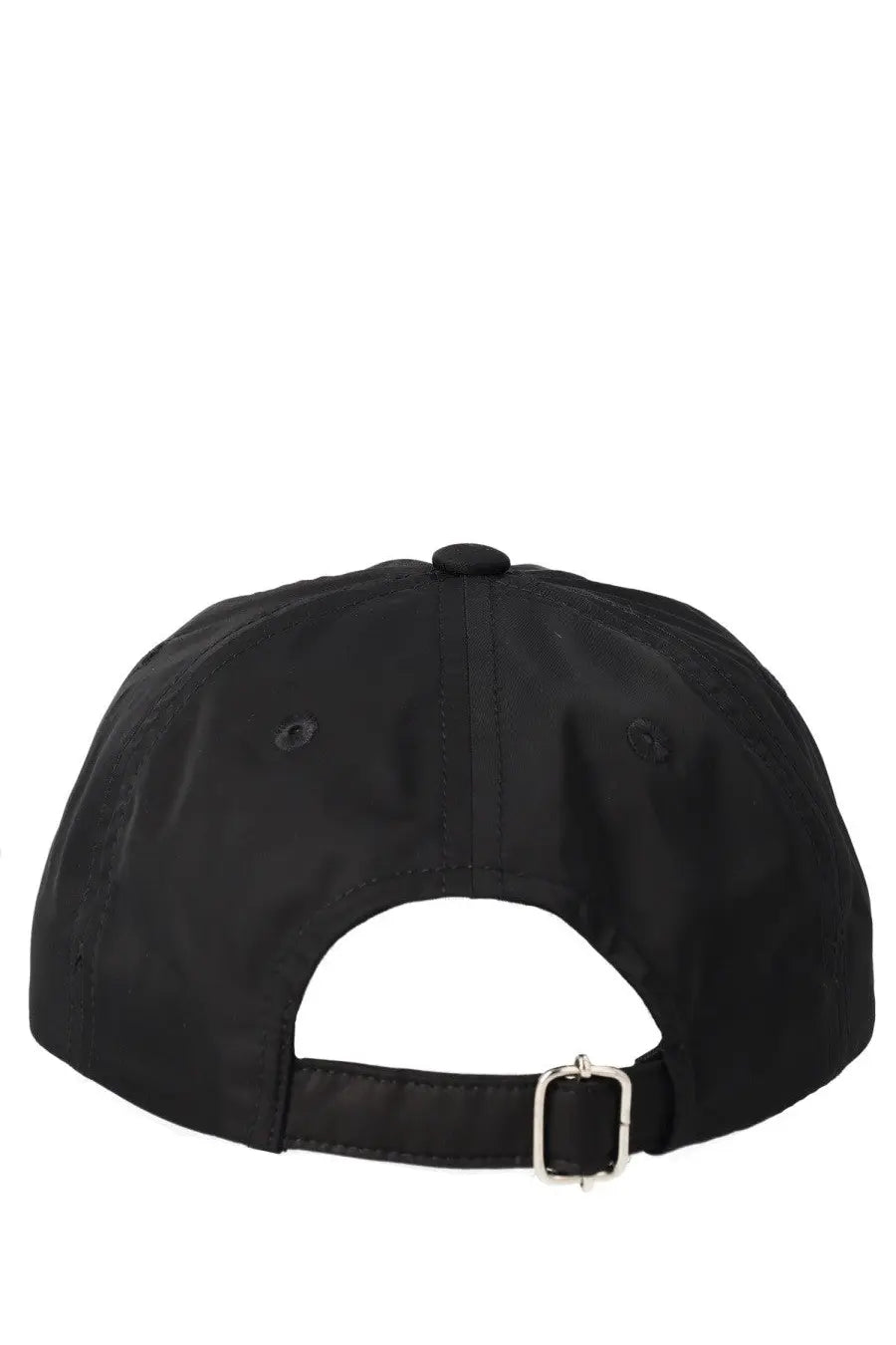 A.p.c men’s black baseball hat with a silver buckle and adjustable strap shown from the back side