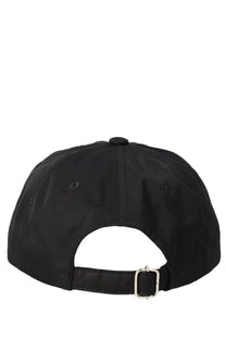 A.p.c men’s black baseball hat with a silver buckle and adjustable strap shown from the back side