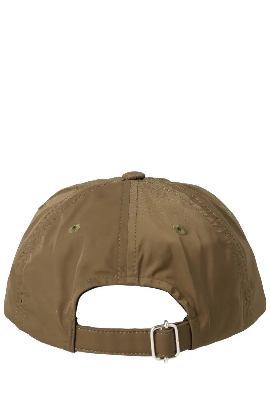 Olive green nylon a.p.c men’s baseball hat with silver buckle and adjustable strap shown from the back side