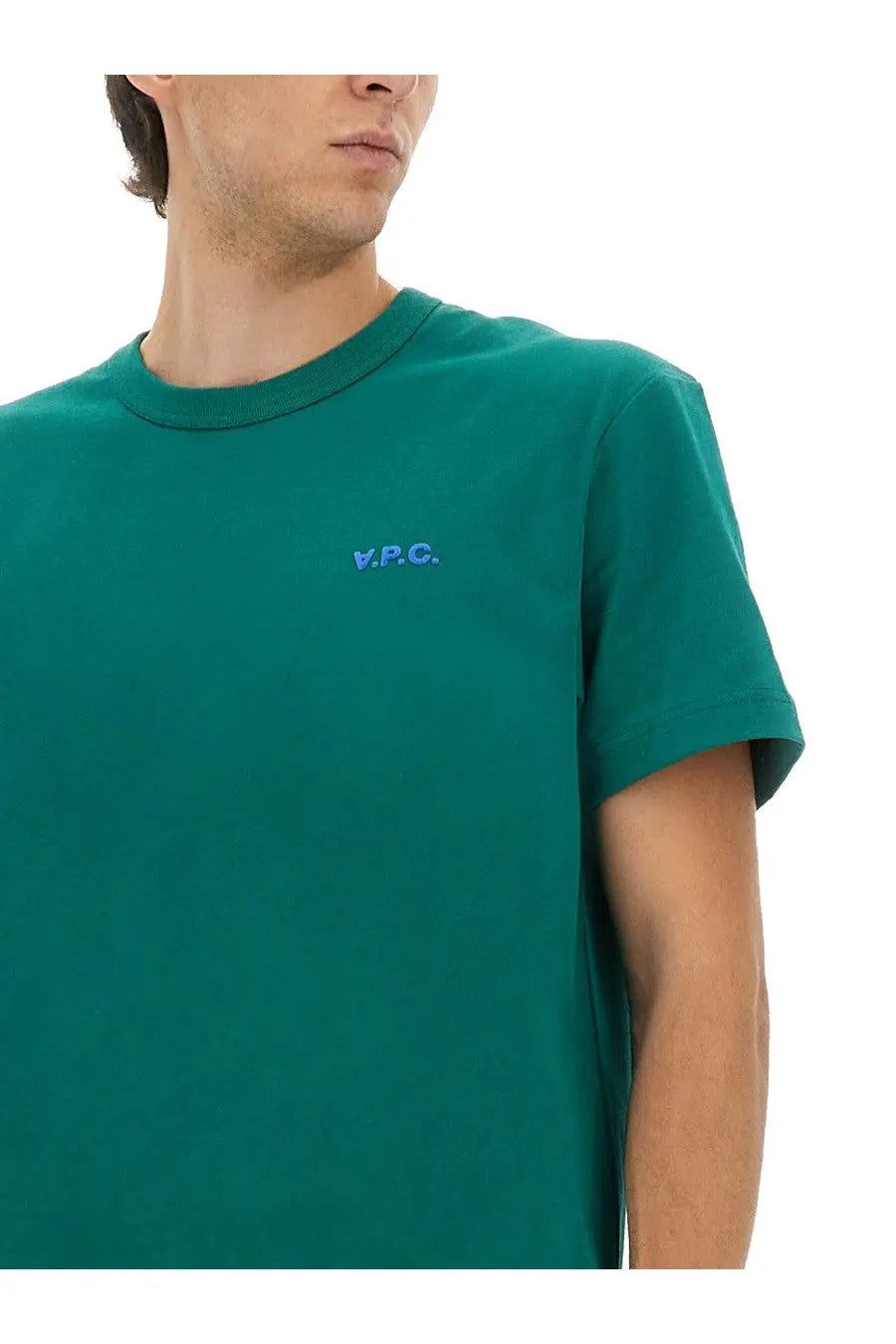 A teal short-sleeved crew neck cotton t-shirt with small embroidered a.p.c. logo on the left chest for men
