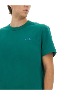 A teal short-sleeved crew neck cotton t-shirt with small embroidered a.p.c. logo on the left chest for men