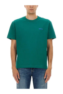 A.P.C men’s boxy shirt green teal short-sleeved crew neck t-shirt with small blue embroidered logo on left chest