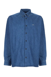 A.p.c men’s camicia mathias blue denim button-up shirt with subtle texture and embroidered logo on left chest
