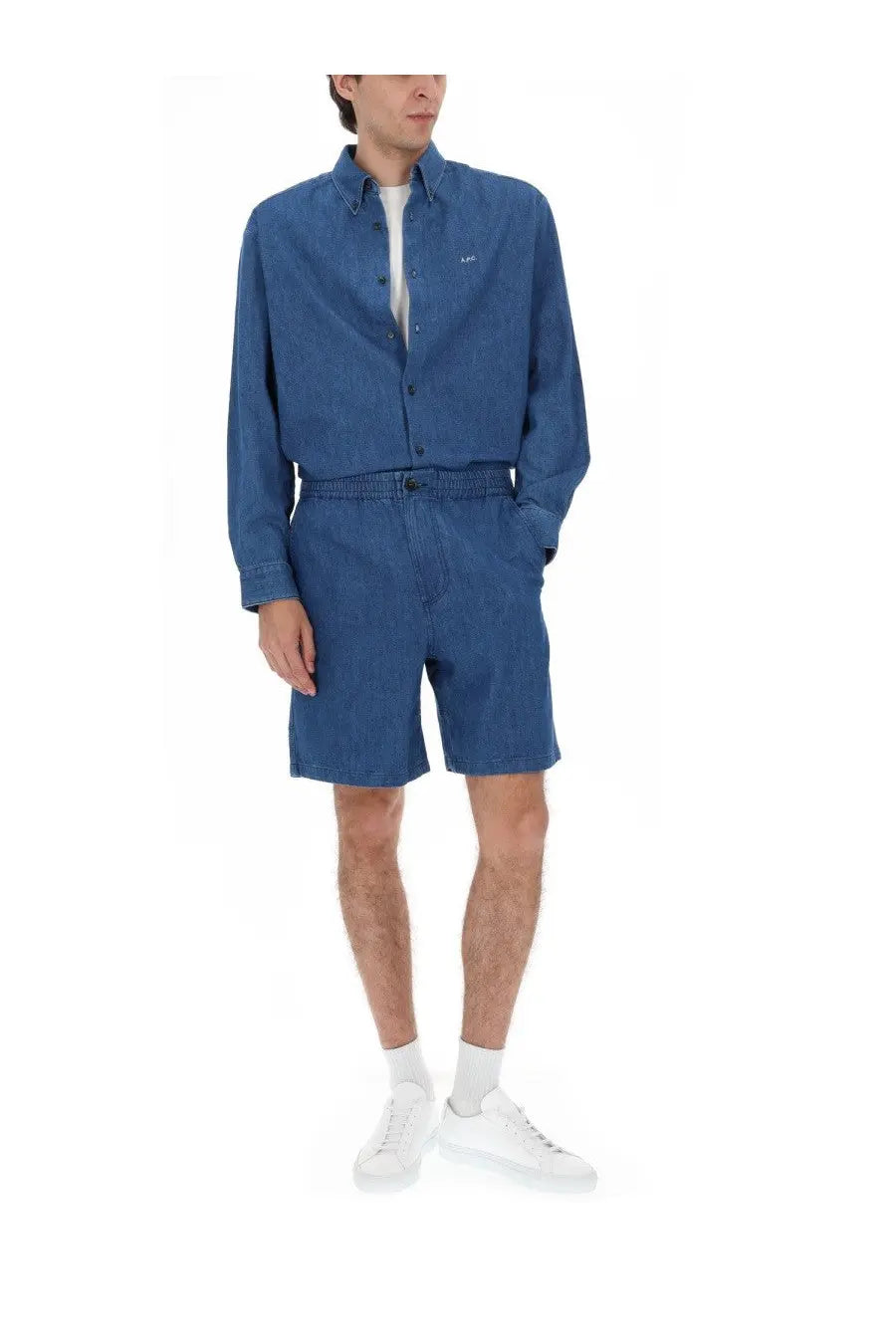 A.P.C men’s Camicia Mathias blue denim button-up shirt and matching shorts with subtle textured weave
