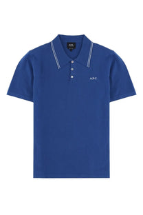 Royal blue men’s polo shirt with white collar piping and subtle embroidered a.p.c. logo in cotton blend fabric