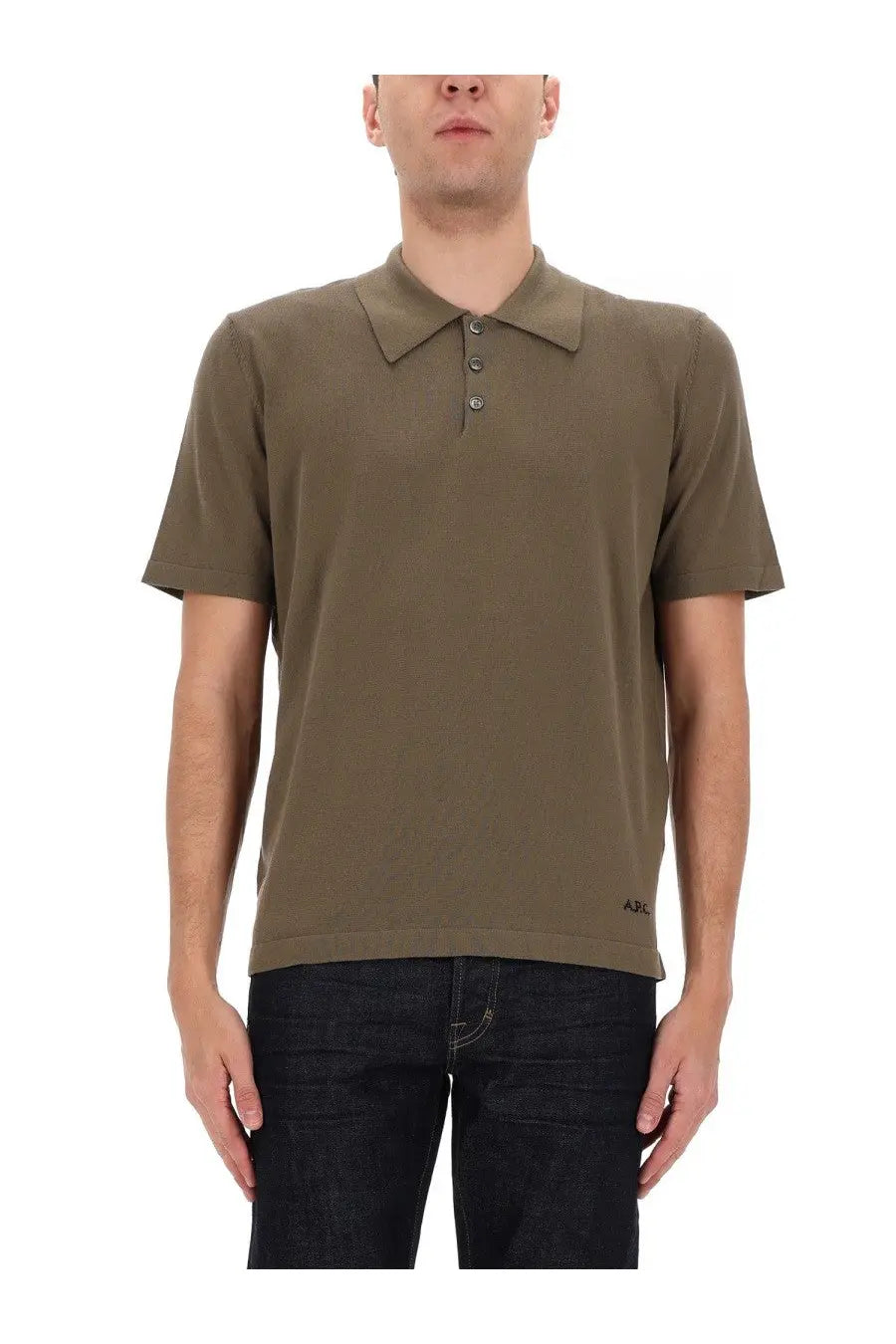 A.P.C men’s olive green short-sleeved polo shirt with classic collar and three-button placket