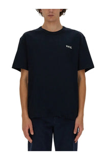 A.P.C men’s black short-sleeved crew neck t-shirt with small white embroidered v.p.c. logo on left chest