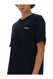 A.p.c men’s dark navy blue cotton t-shirt with a small white embroidered v.p.c. logo on the left chest