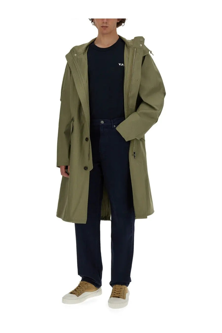 Olive green hooded trench coat with zipper front and button closures paired with a.p.c men shirt boxy blue