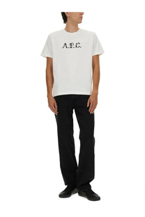A.P.C men’s white cotton t-shirt with black a.p.c. logo printed across the chest