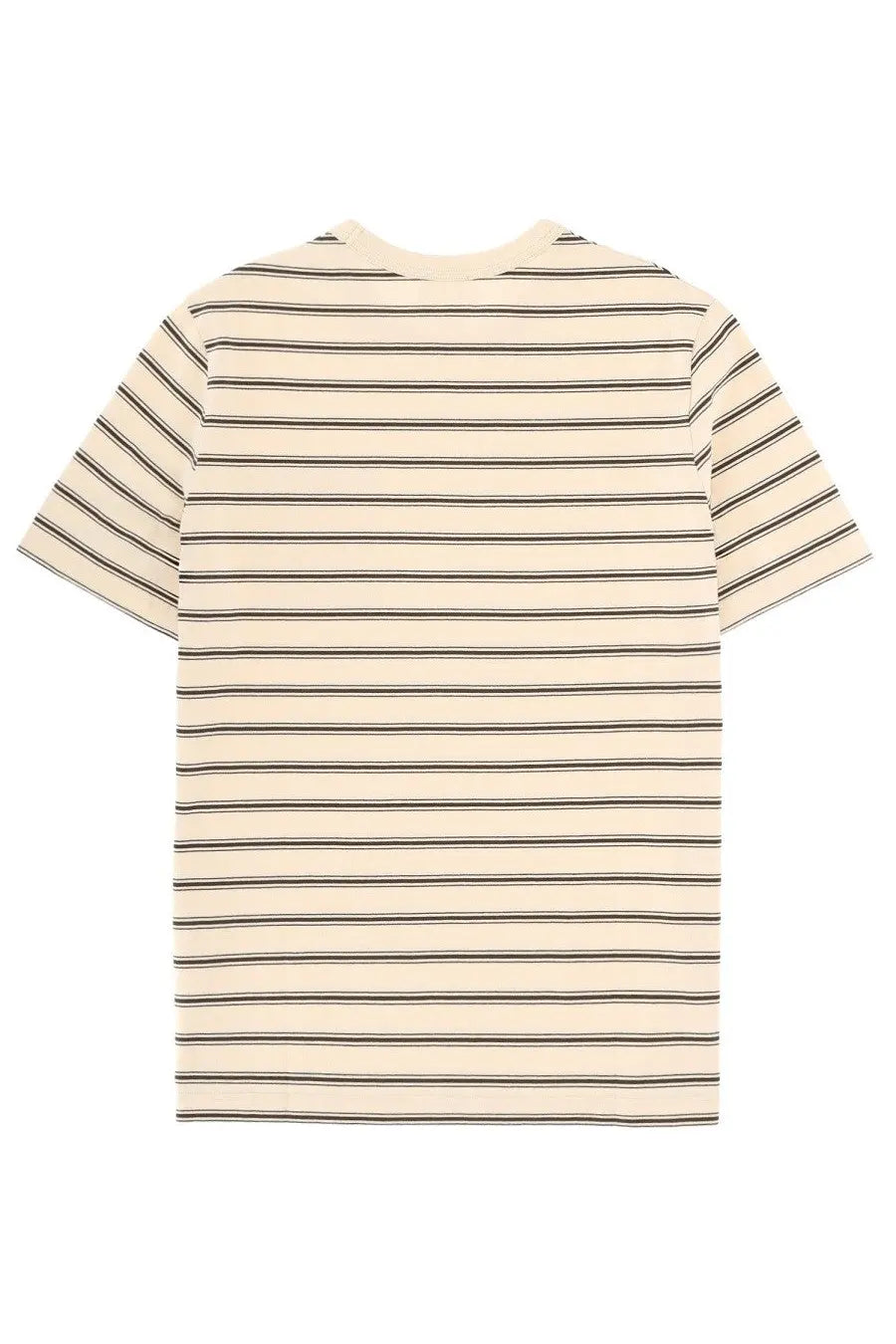 A.P.C men’s cream short-sleeved shirt with thin black horizontal stripes and pink accents