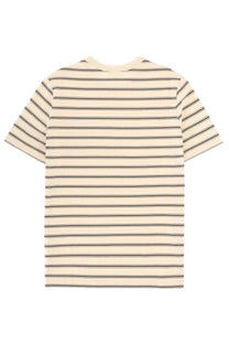 A.P.C men’s cream short-sleeved shirt with thin black horizontal stripes and pink accents