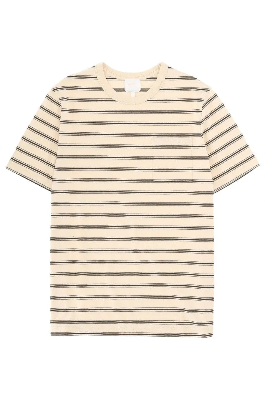 A.P.C men’s cream short-sleeved shirt with black stripes and chest pocket in a casual cotton fabric