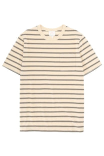 A.P.C men’s cream short-sleeved shirt with black stripes and chest pocket in a casual cotton fabric
