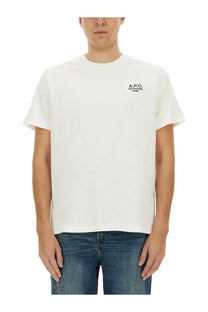 White cotton a.p.c men’s t-shirt with a small black embroidered logo on the left chest for casual wear
