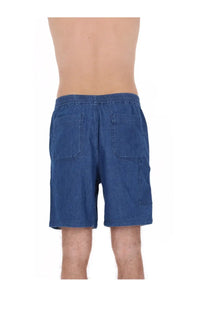 Back view of a.p.c men’s blue denim shorts with two back pockets and elastic waistband for casual wear