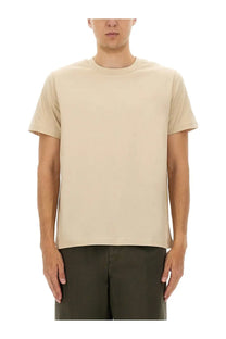 A.P.C men’s standard beige crew-neck cotton t-shirt with subtle embroidered logo on the left chest