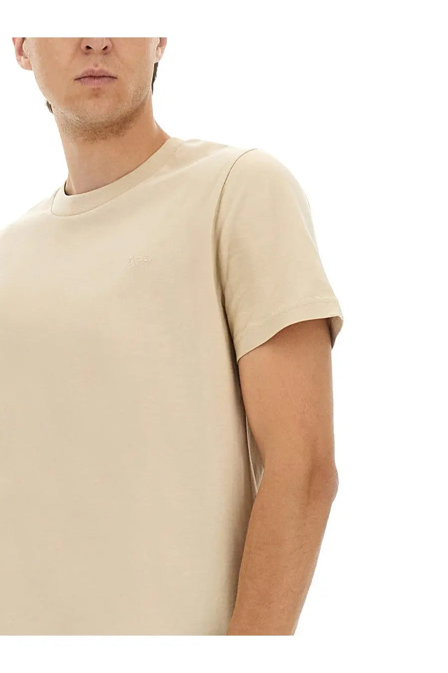 A.P.C men’s standard beige crew-neck cotton t-shirt with subtle embroidered logo on the left chest