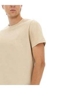 A.P.C men’s standard beige crew-neck cotton t-shirt with subtle embroidered logo on the left chest