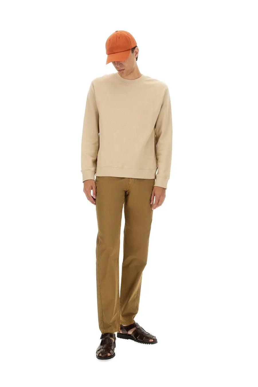 Beige a.p.c men’s standard sweatshirt with crewneck, long sleeves, and ribbed cuffs in a soft cotton blend