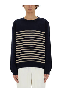 A.P.C men’s knit sweater matthew blue with navy blue and cream horizontal stripes ideal for casual wear