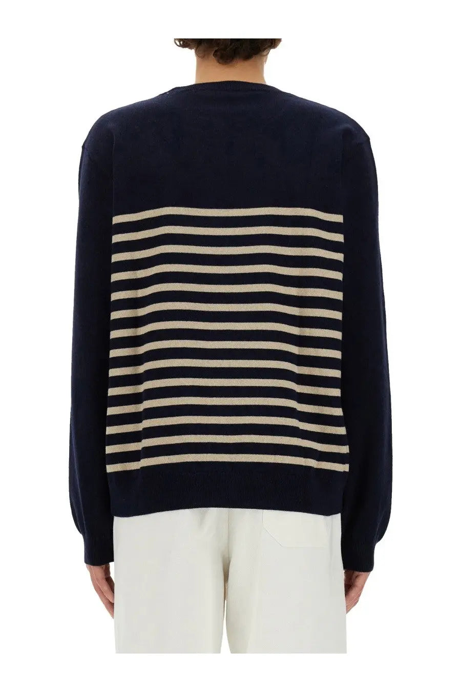 A.P.C men’s sweater Matthew blue in navy blue and cream striped knit pattern for casual wear