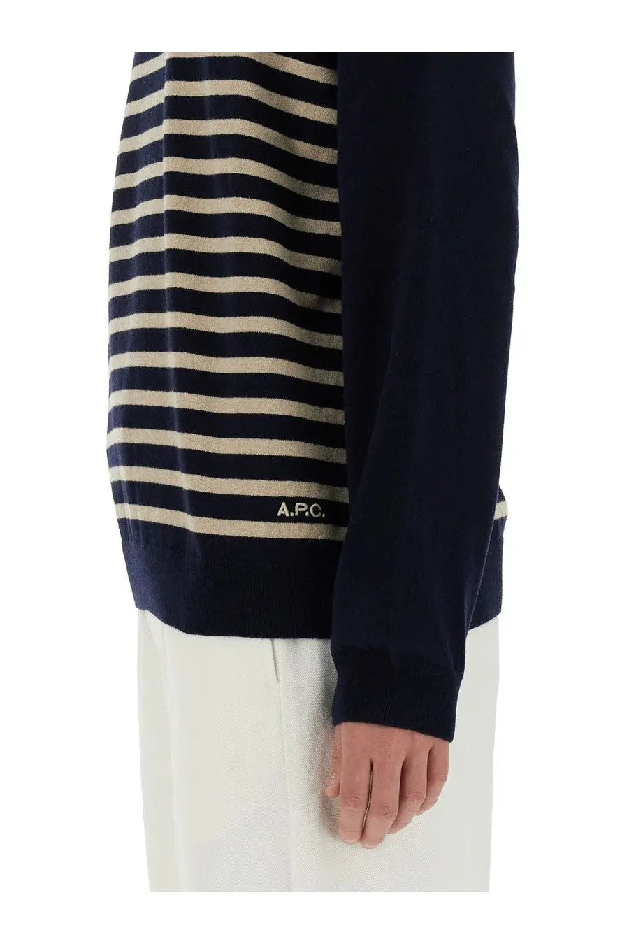 A.P.C men’s knit sweater Matthew blue with navy blue and cream stripes ideal for casual wear