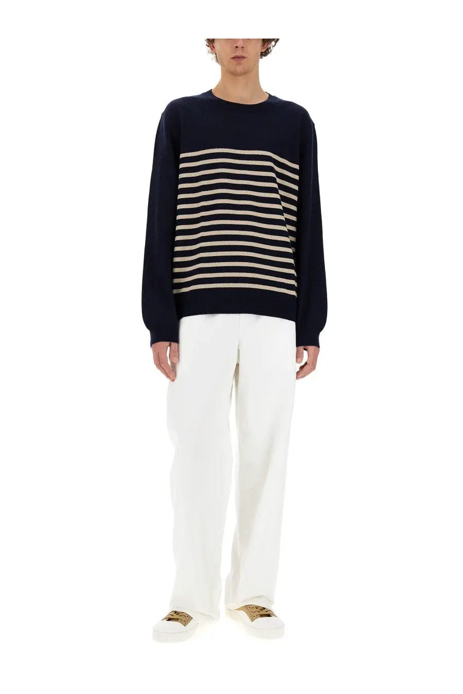 A.P.C men’s knit sweater Matthew blue with navy blue and cream stripes and long sleeves