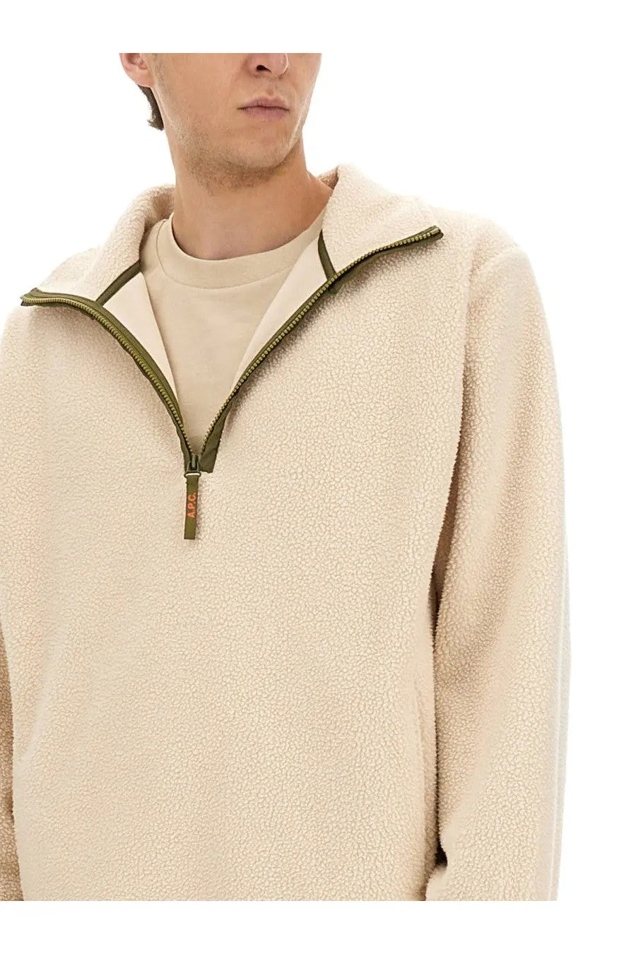 A.P.C men’s willy sweatshirt white cream fleece half zip hoodie with olive green zipper and pull tab