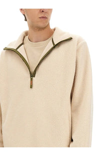 A.P.C men’s willy sweatshirt white cream fleece half zip hoodie with olive green zipper and pull tab