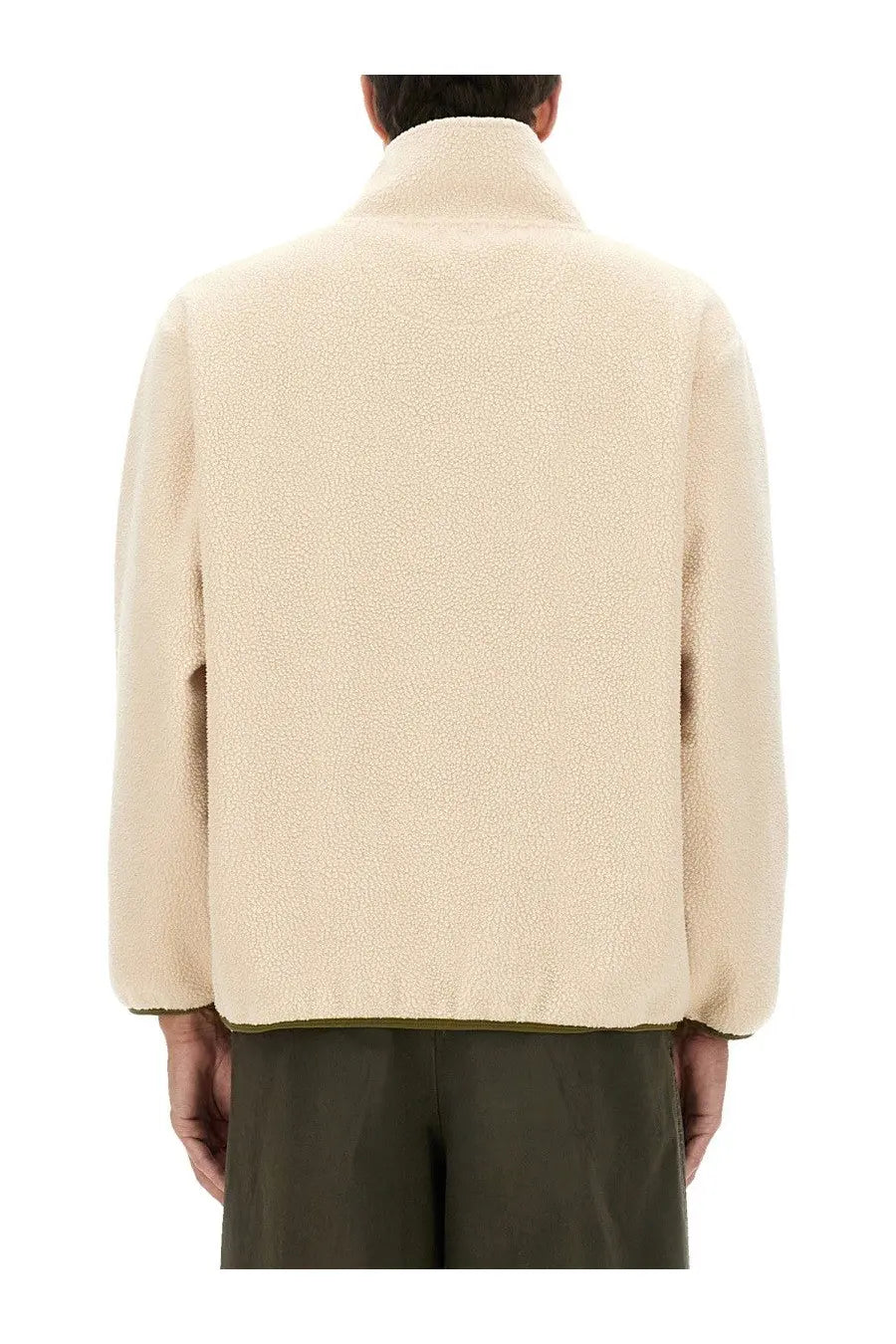 A.P.C men’s willy sweatshirt white cream-colored fleece jacket with high collar and olive green trim along hem