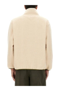 A.P.C men’s willy sweatshirt white cream-colored fleece jacket with high collar and olive green trim along hem