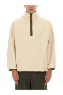 A.P.C men’s willy sweatshirt white cream fleece pullover with olive green zipper and trim