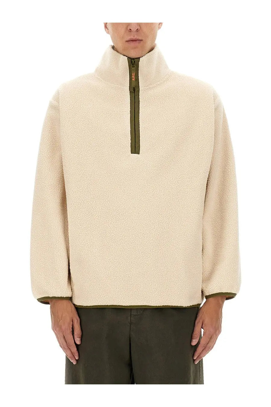 A.P.C men’s willy sweatshirt white cream-colored fleece pullover with olive green zipper and trim