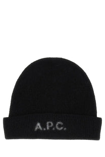 Black knitted a.p.c unisex berretto beanie with ribbed brim embroidered logo in lana wool