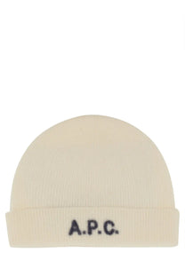 Cream-colored knitted a.p.c unisex berretto in lana con white with ribbed cuff and dark gray logo embroidery