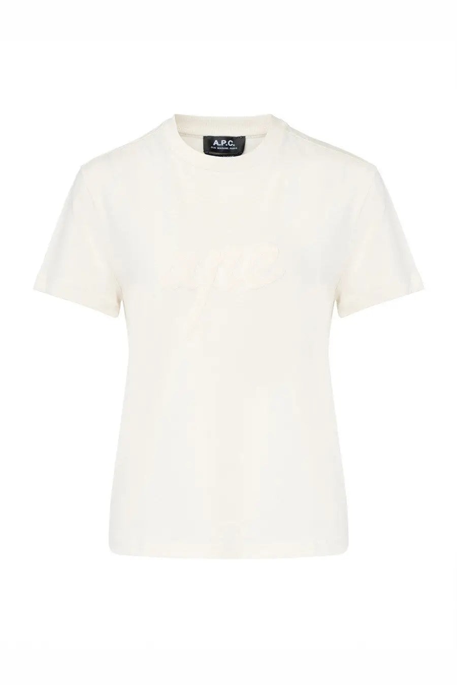 A minimalist off-white cotton t-shirt with a crew neck and short sleeves featuring the a.p.c. logo