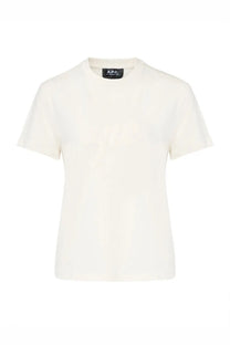 A minimalist off-white cotton t-shirt with a crew neck and short sleeves featuring the a.p.c. logo