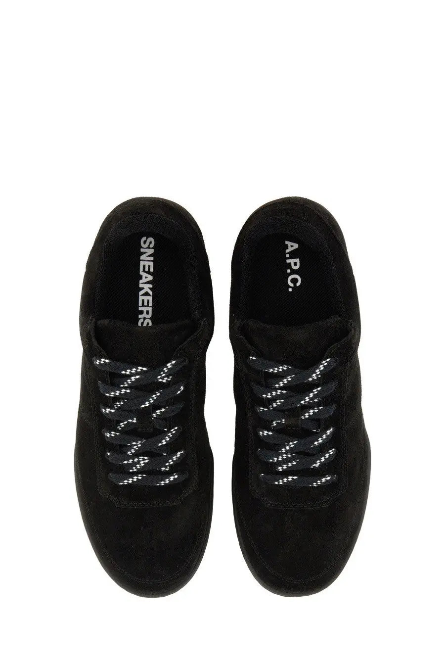 A.P.C unisex sneaker moe black suede with white speckled laces and branding on the insole
