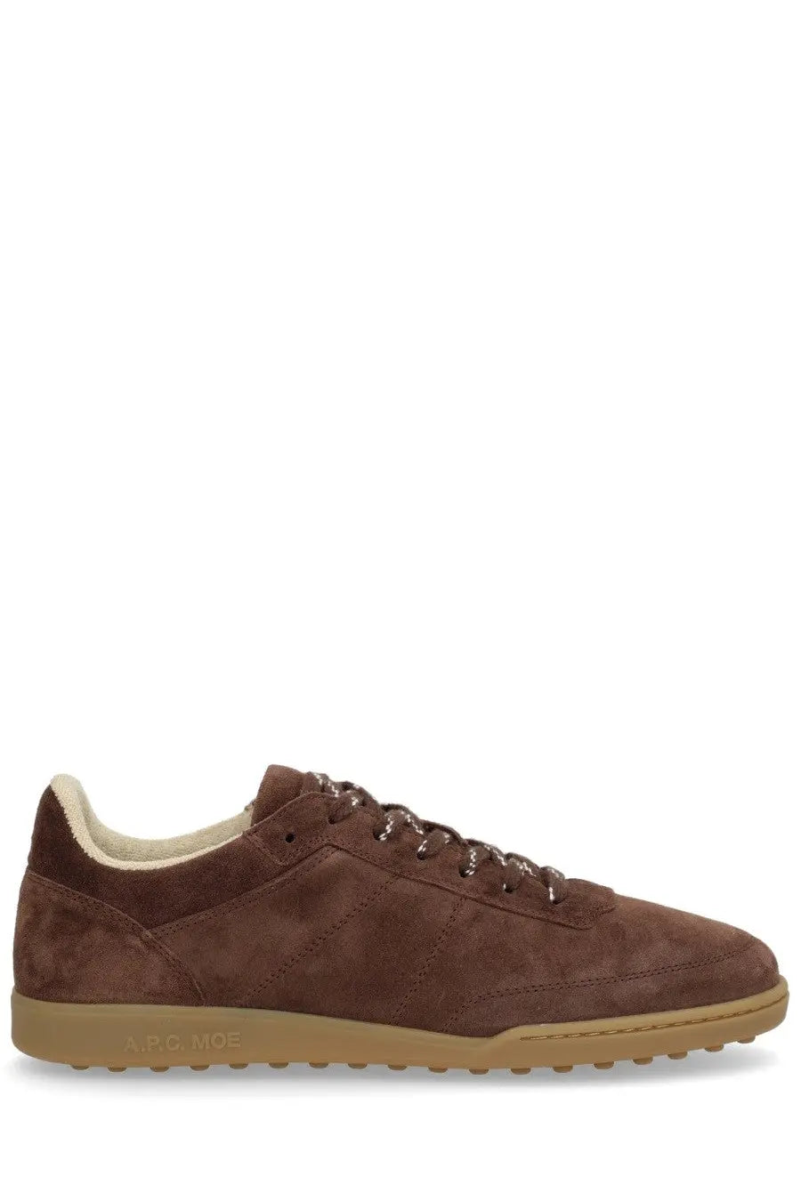 A.P.C unisex sneaker moe brown brown suede low-top sneaker with tan rubber sole and beige lining