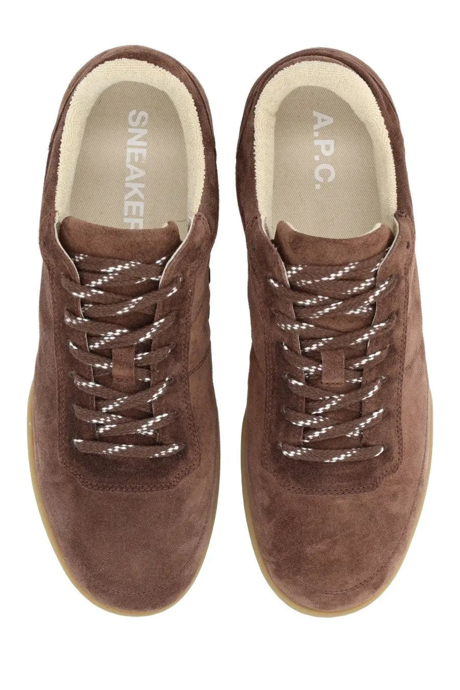 A.P.C unisex sneaker Moe brown brown suede with white reflective laces and light beige interior lining
