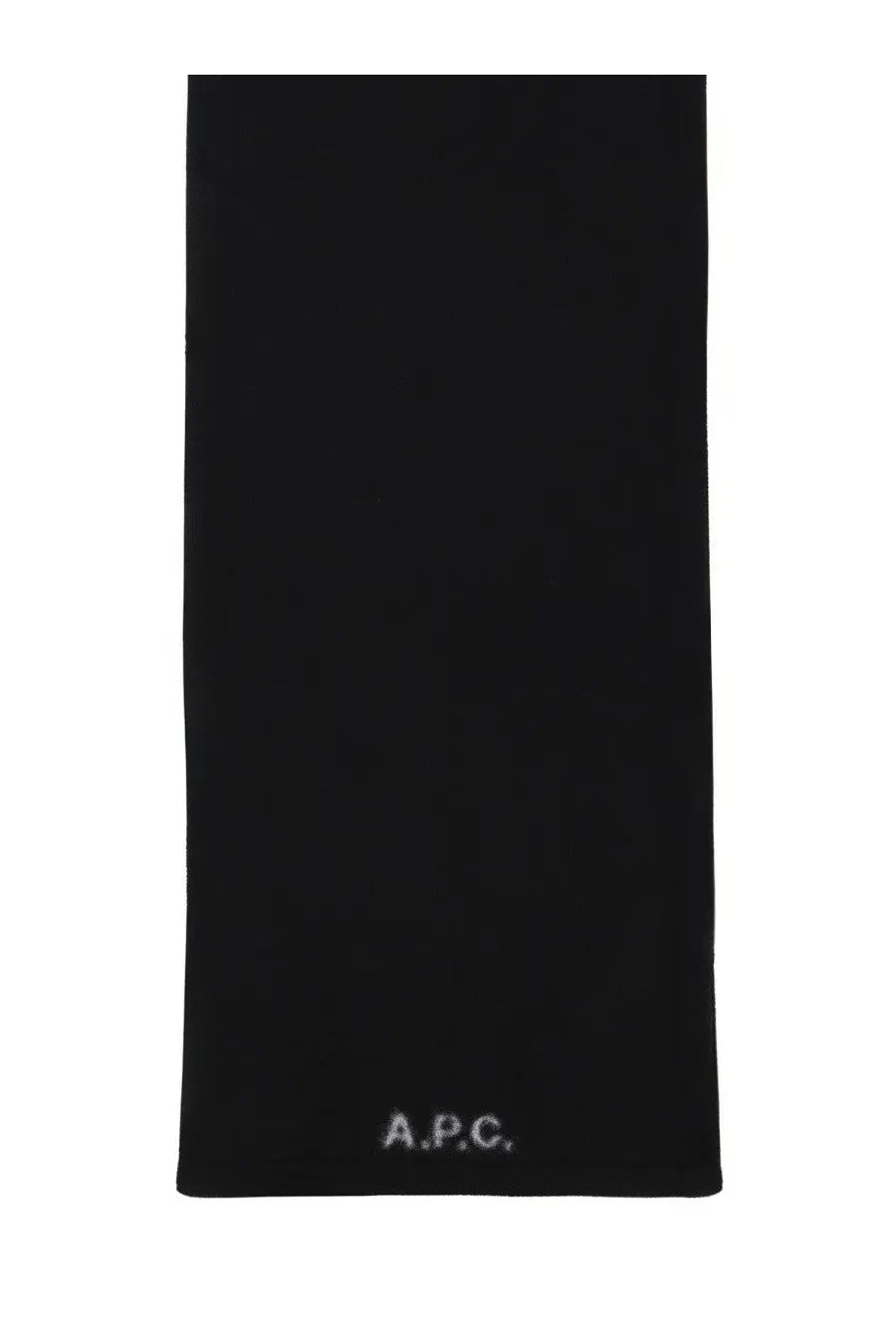 Black a.p.c. unisex wool scarf in black displayed flat showing soft knit texture and simple design